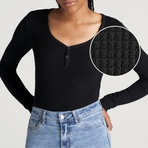 🦒 American Tall Classic Waffle Henley Long Sleeve Shirt Black Size L T